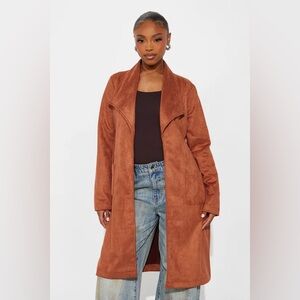 •Falling for You• Faux Suede Cognac Belted Trench Coat